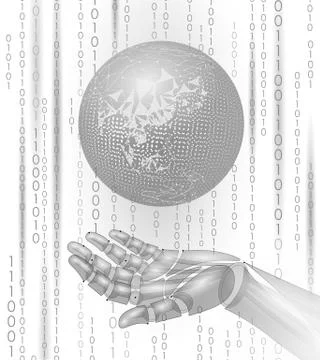 Robot android hand hold planet Earth. Low poly polygonal particle point line  库存插图