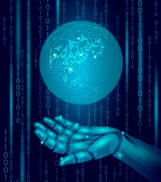 Robot android hand hold planet Earth. Low poly polygonal particle point line  库存插图