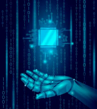 Robot android hand hold processor cpu. Low poly polygonal particle point line 库存插图