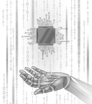 Robot android hand hold processor cpu. Low poly polygonal particle point line Illustrazione stock