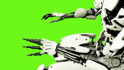 Robot android playing the piano. Realistic motion on green screen. 3D Rendering. Stock Illustration