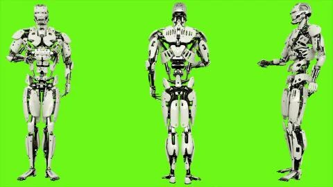 Robot android is presses the button. Realistic looped motion on green screen Stock Illustration