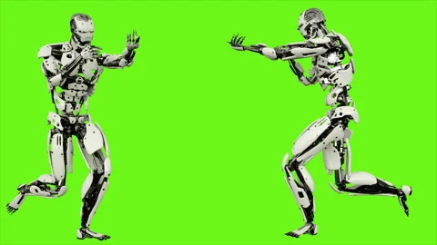 Robot android running with a gun. Realistic looped motion on green screen Stock Footage 91838277