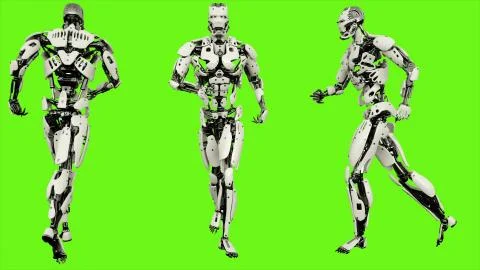 Robot android running. Realistic motion on green screen. 3D Rendering. Stock Illustration