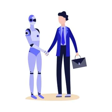 Robot android shaking hand to businessman flat vector illustration isolated. Stock Illustration