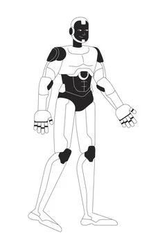 Robot android walking black and white 2D line character イラスト素材