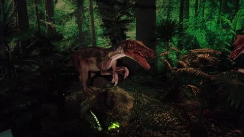 Robot Animatronics Flesh Easting Dinosaur In Cretaceous Big Teeth Stock Footage 259960362