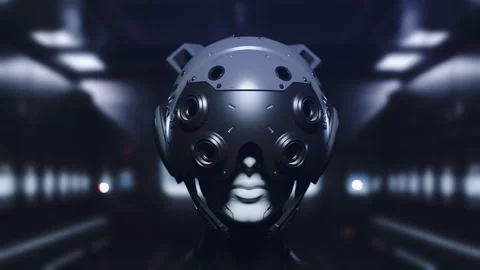 The robot appears in close-up from the shadows watching what is happening in  Stock-Footage 271621786