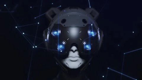 The robot appears out of the shadows in space, and the slow approach of the c Stock-Footage 271621861
