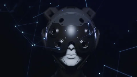 The robot appears out of the shadows in space, and the slow approach of the c Stock Footage 271621863