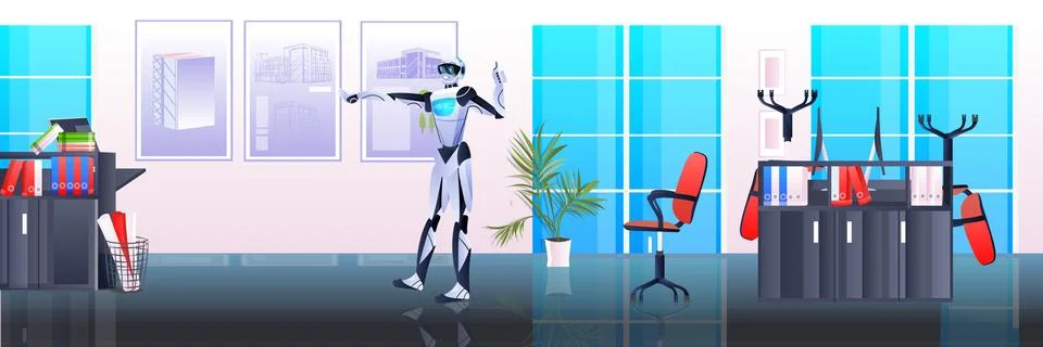 Robot architect robotic engineer working with new building city model urban Ilustración de archivo