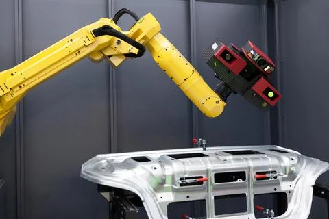Robot arm with 3D scanner. Automated scanning. Stock Photos