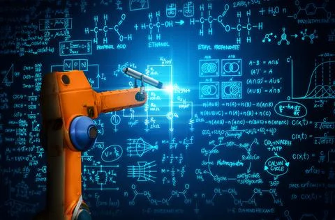 Robot arm AI analyzing mathematics for mechanized industry problem solving イラスト素材