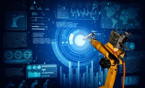 Robot arm AI analyzing mathematics for mechanized industry problem solving Stock Illustration