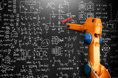 Robot arm AI analyzing mathematics for mechanized industry problem solving 스톡 일러스트