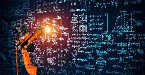 Robot arm AI analyzing mathematics for mechanized industry problem solving Illustrazione stock