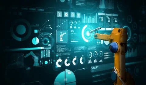 Robot arm AI analyzing mathematics for mechanized industry problem solving Foto stock
