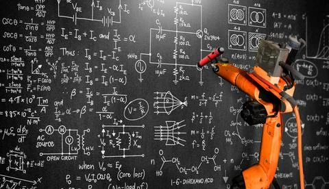 Robot arm AI analyzing mathematics for mechanized industry problem solving Foto stock