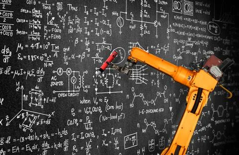 Robot arm AI analyzing mathematics for mechanized industry problem solving Foto stock