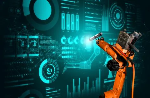 Robot arm AI analyzing mathematics for mechanized industry problem solving Foto stock