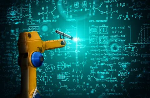 Robot arm AI analyzing mathematics for mechanized industry problem solving Stock Photos