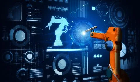 Robot arm AI analyzing mathematics for mechanized industry problem solving Foto stock