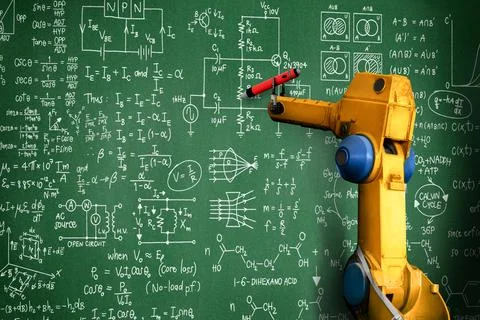 Robot arm AI analyzing mathematics for mechanized industry problem solving 스톡 사진