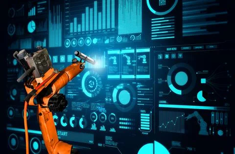 Robot arm AI analyzing mathematics for mechanized industry problem solving Foto stock