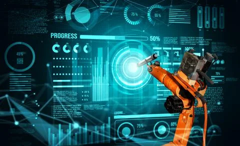 Robot arm AI analyzing mathematics for mechanized industry problem solving Stock Photos