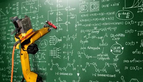 Robot arm AI analyzing mathematics for mechanized industry problem solving Foto stock