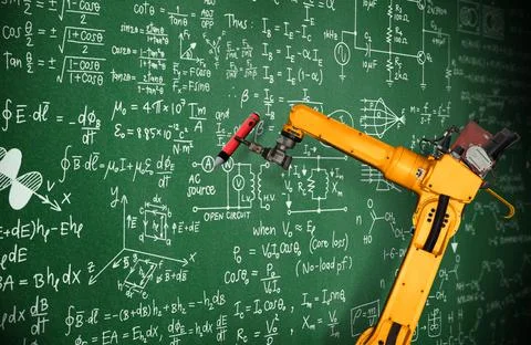 Robot arm AI analyzing mathematics for mechanized industry problem solving Stock Photos