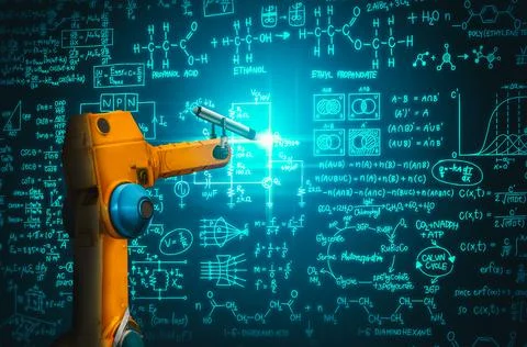 Robot arm AI analyzing mathematics for mechanized industry problem solving Foto stock