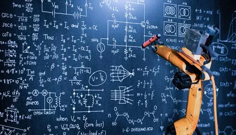 Robot arm AI analyzing mathematics for mechanized industry problem solving Stock Photos