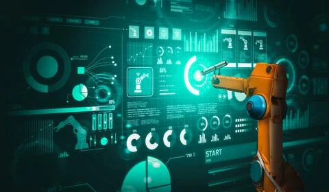 Robot arm AI analyzing mathematics for mechanized industry problem solving Foto stock