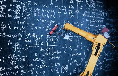 Robot arm AI analyzing mathematics for mechanized industry problem solving Stock Photos