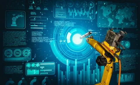 Robot arm AI analyzing mathematics for mechanized industry problem solving Stock Photos