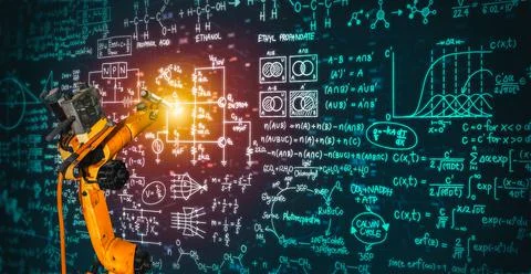 Robot arm AI analyzing mathematics for mechanized industry problem solving Foto stock