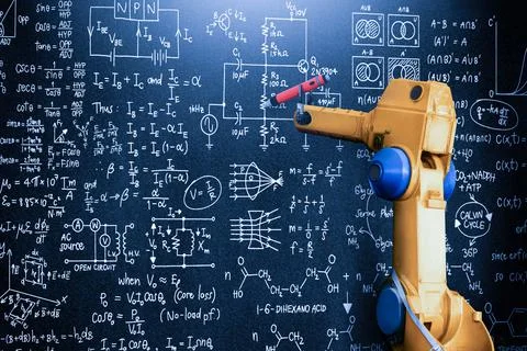 Robot arm AI analyzing mathematics for mechanized industry problem solving Foto stock