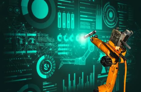 Robot arm AI analyzing mathematics for mechanized industry problem solving Foto stock