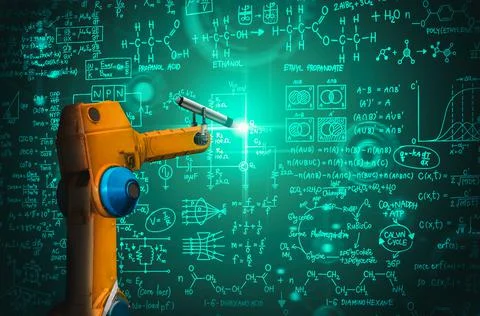 Robot arm AI analyzing mathematics for mechanized industry problem solving Stock Photos