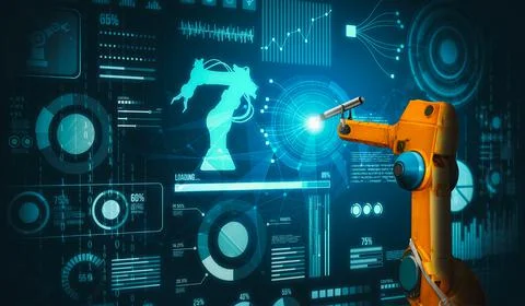 Robot arm AI analyzing mathematics for mechanized industry problem solving Foto stock