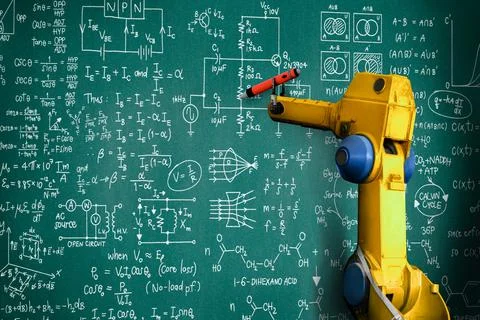 Robot arm AI analyzing mathematics for mechanized industry problem solving Foto stock