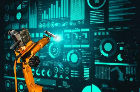 Robot arm AI analyzing mathematics for mechanized industry problem solving Foto stock