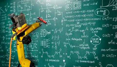 Robot arm AI analyzing mathematics for mechanized industry problem solving Foto stock