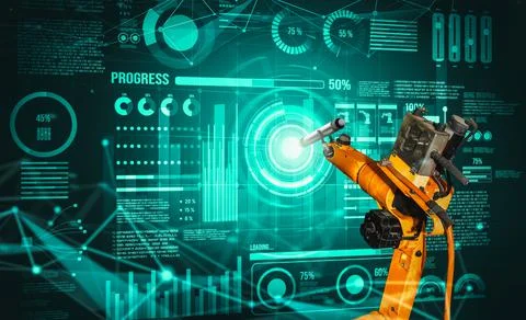 Robot arm AI analyzing mathematics for mechanized industry problem solving 스톡 사진