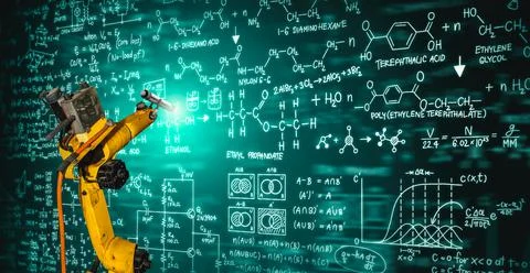 Robot arm AI analyzing mathematics for mechanized industry problem solving 스톡 사진