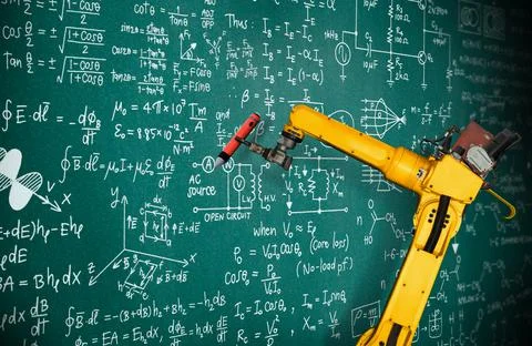Robot arm AI analyzing mathematics for mechanized industry problem solving 스톡 사진