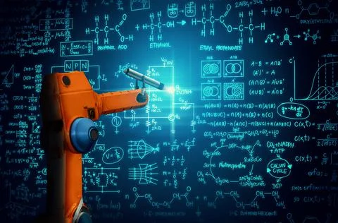 Robot arm AI analyzing mathematics for mechanized industry problem solving Stock Photos