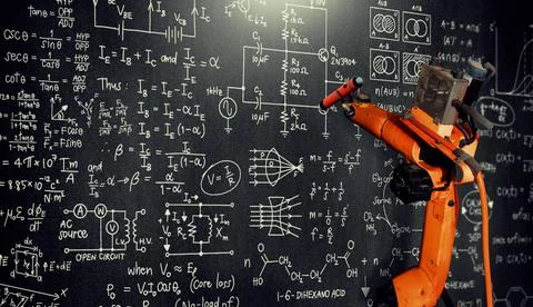 Robot arm AI analyzing mathematics for mechanized industry problem solving Foto stock