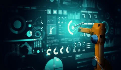 Robot arm AI analyzing mathematics for mechanized industry problem solving Foto stock